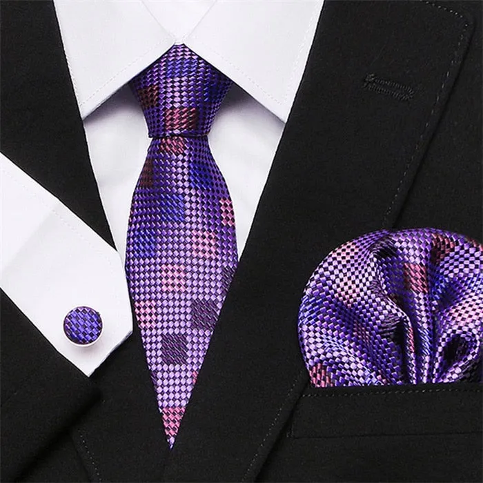 Men`s Tie Silk Red Plaid print Jacquard Woven Tie   Hanky   Cufflinks Sets For Formal Wedding Business Party Free Postage
