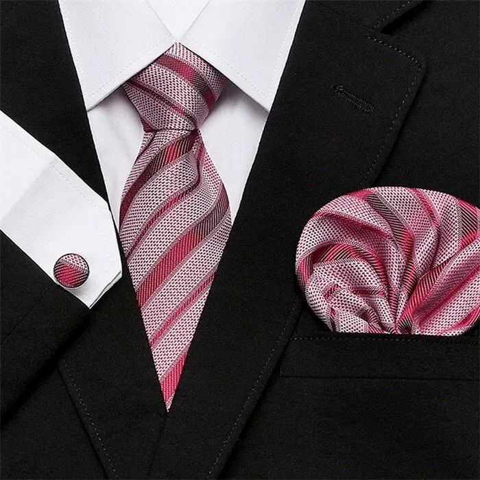 Men`s Tie Silk Red Plaid print Jacquard Woven Tie   Hanky   Cufflinks Sets For Formal Wedding Business Party Free Postage