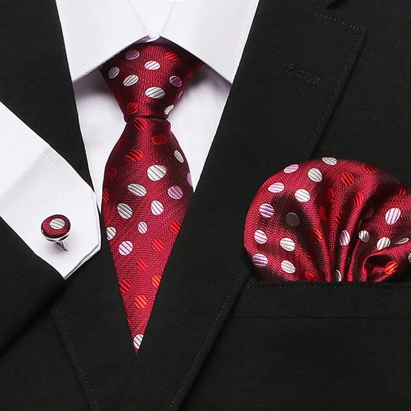 Men`s Tie Silk Red Plaid print Jacquard Woven Tie   Hanky   Cufflinks Sets For Formal Wedding Business Party Free Postage