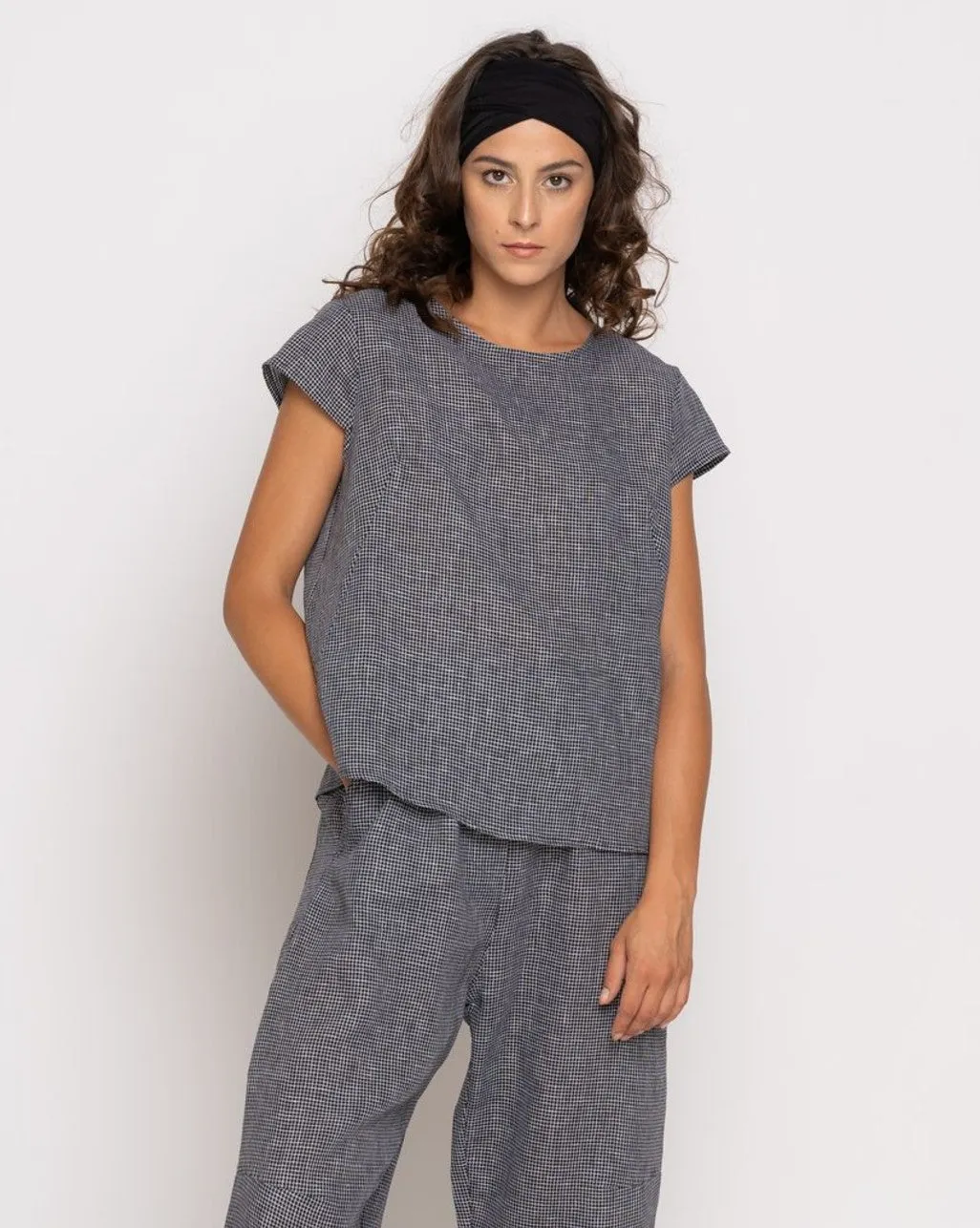 Micro Checker Cap Sleeve Top