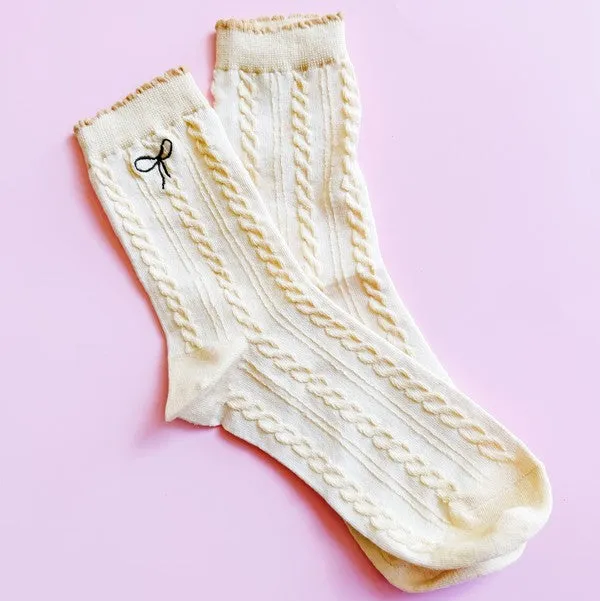 Mini Bow Embroidered Cabled Socks