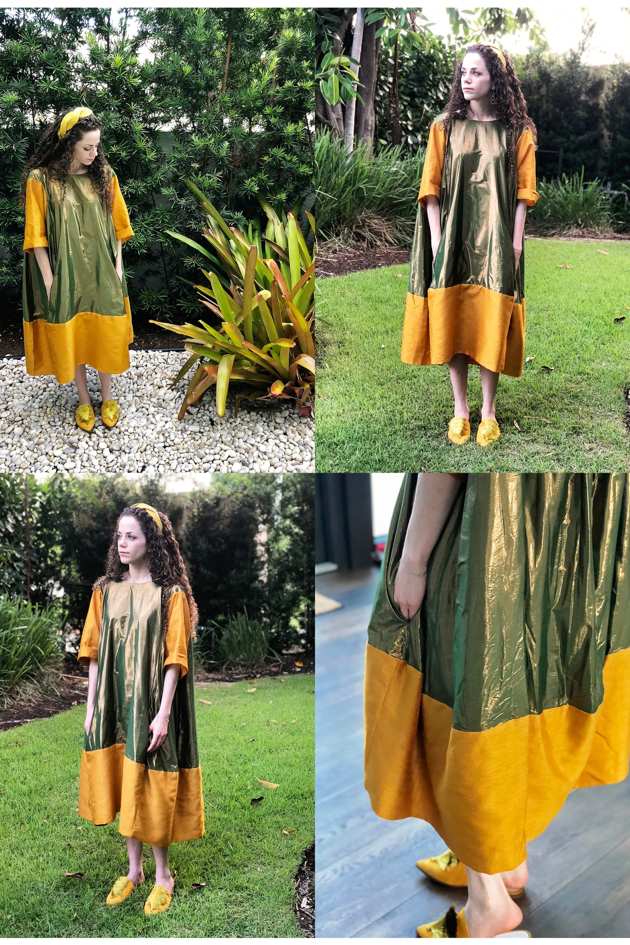 Nikki Dress - Green Shine/Gold Tussel Silk