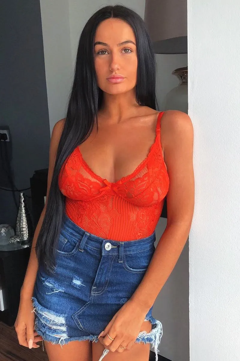 Orange Sheer Lace Bodysuit - Katia