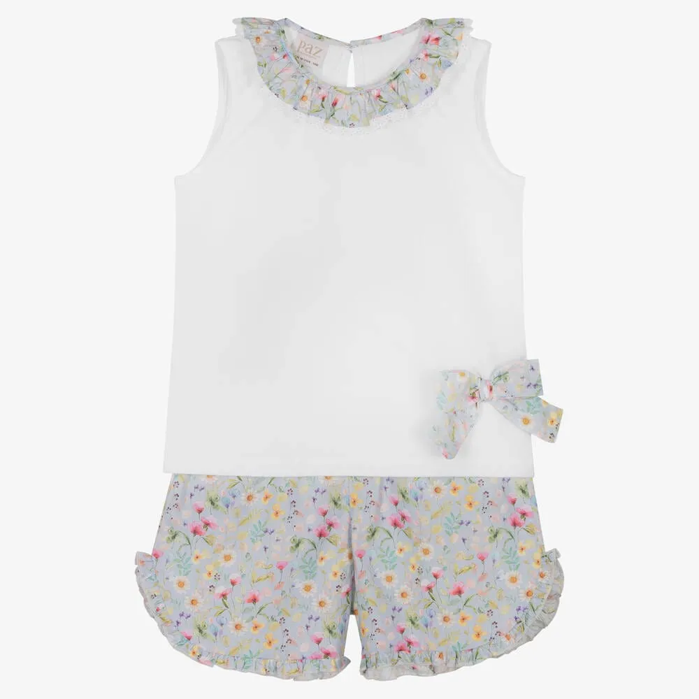 Paz Rodriguez White & Blue Floral Shorts Set