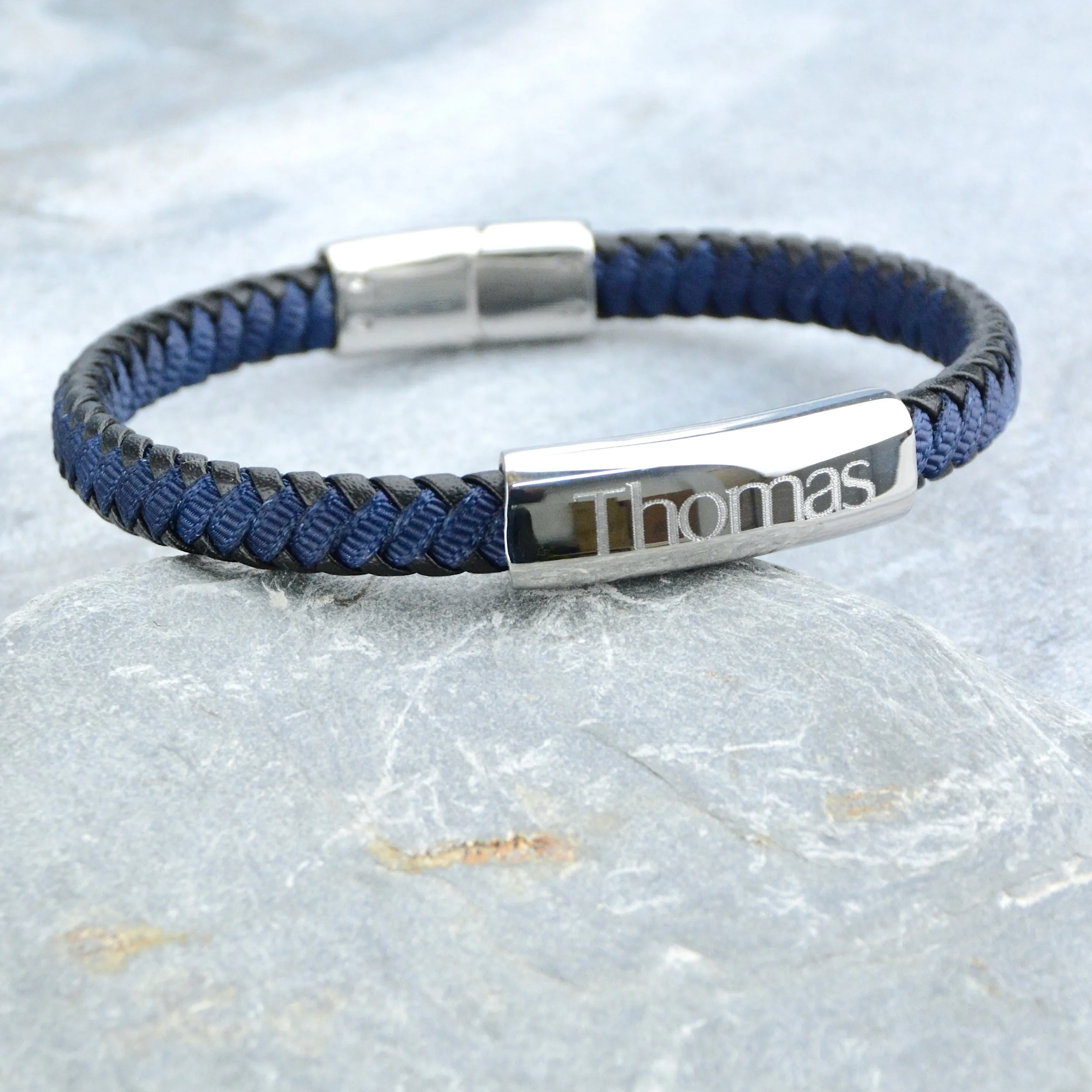 Personalised Men's Leather And Cotton Sliding Bar Bracelet