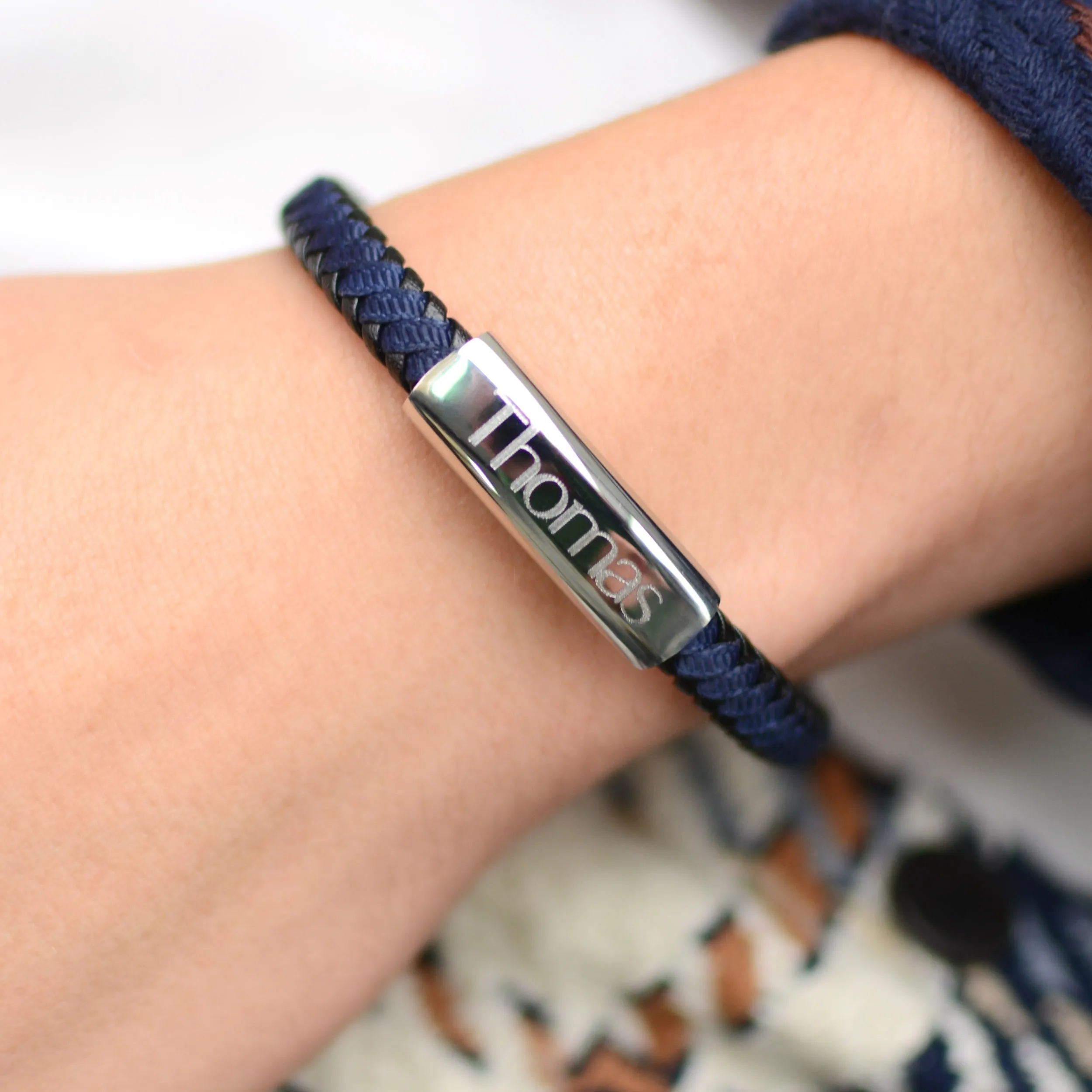 Personalised Men's Leather And Cotton Sliding Bar Bracelet
