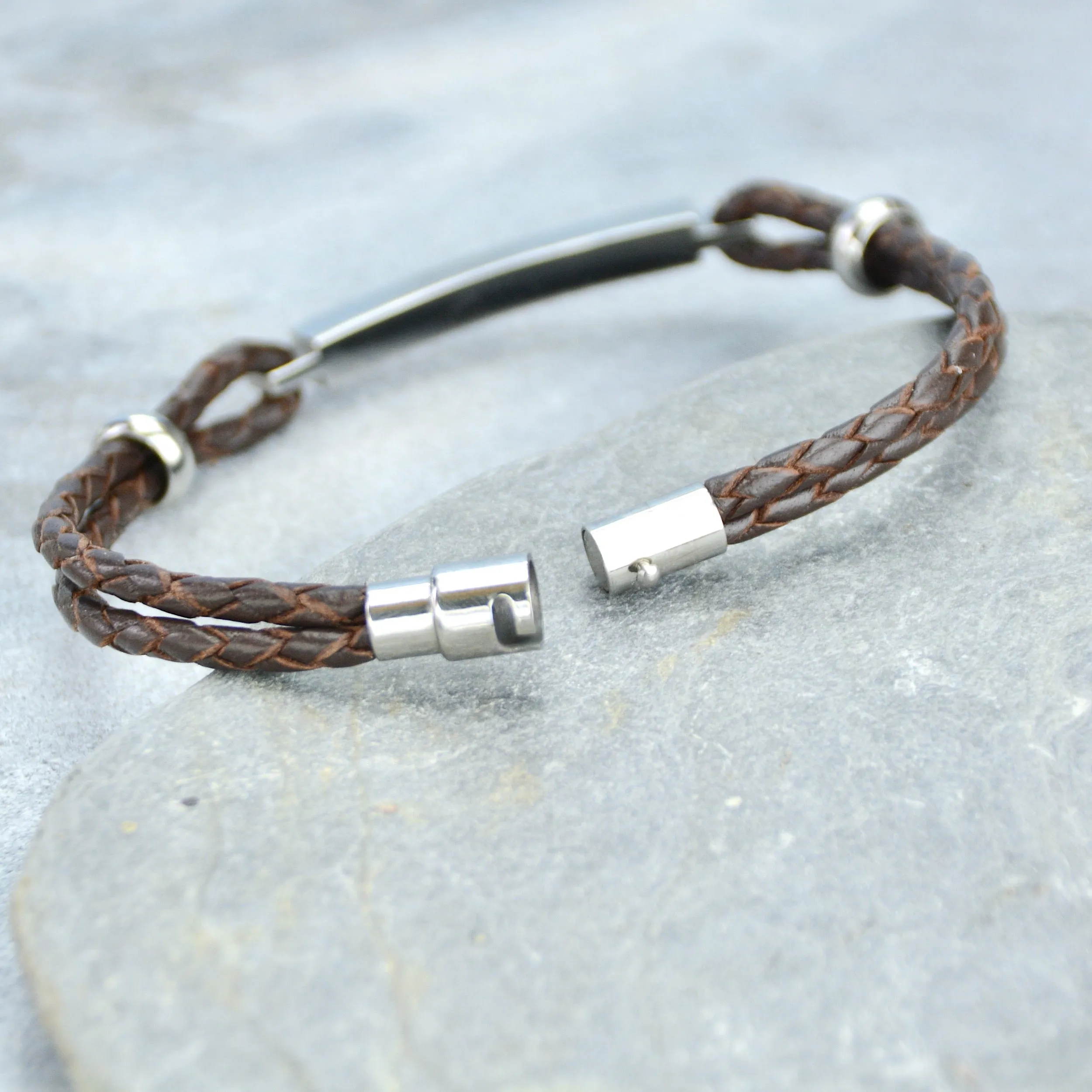 Personalised Men's Leather Slim Bar Bracelet.