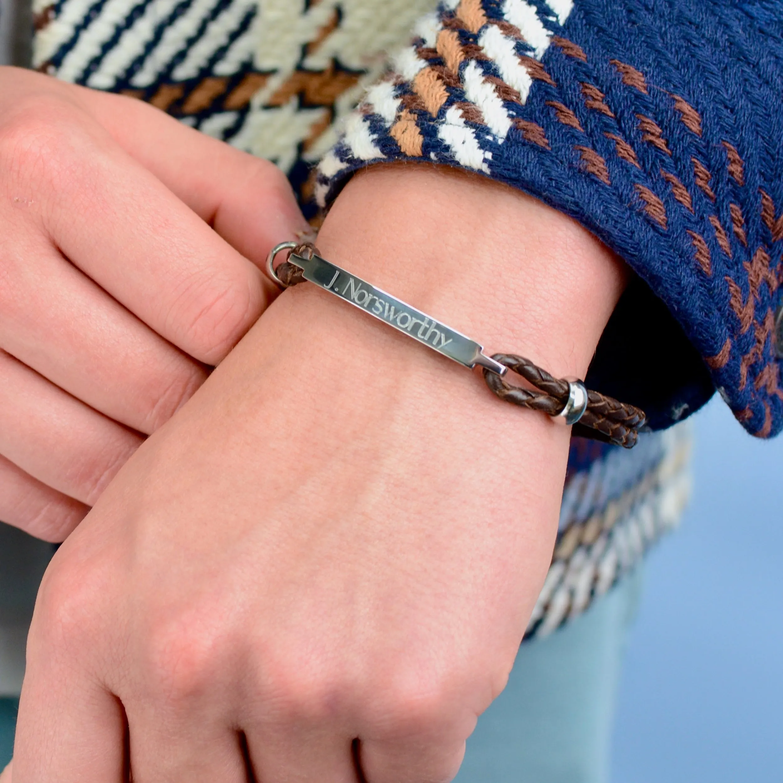 Personalised Men's Leather Slim Bar Bracelet.