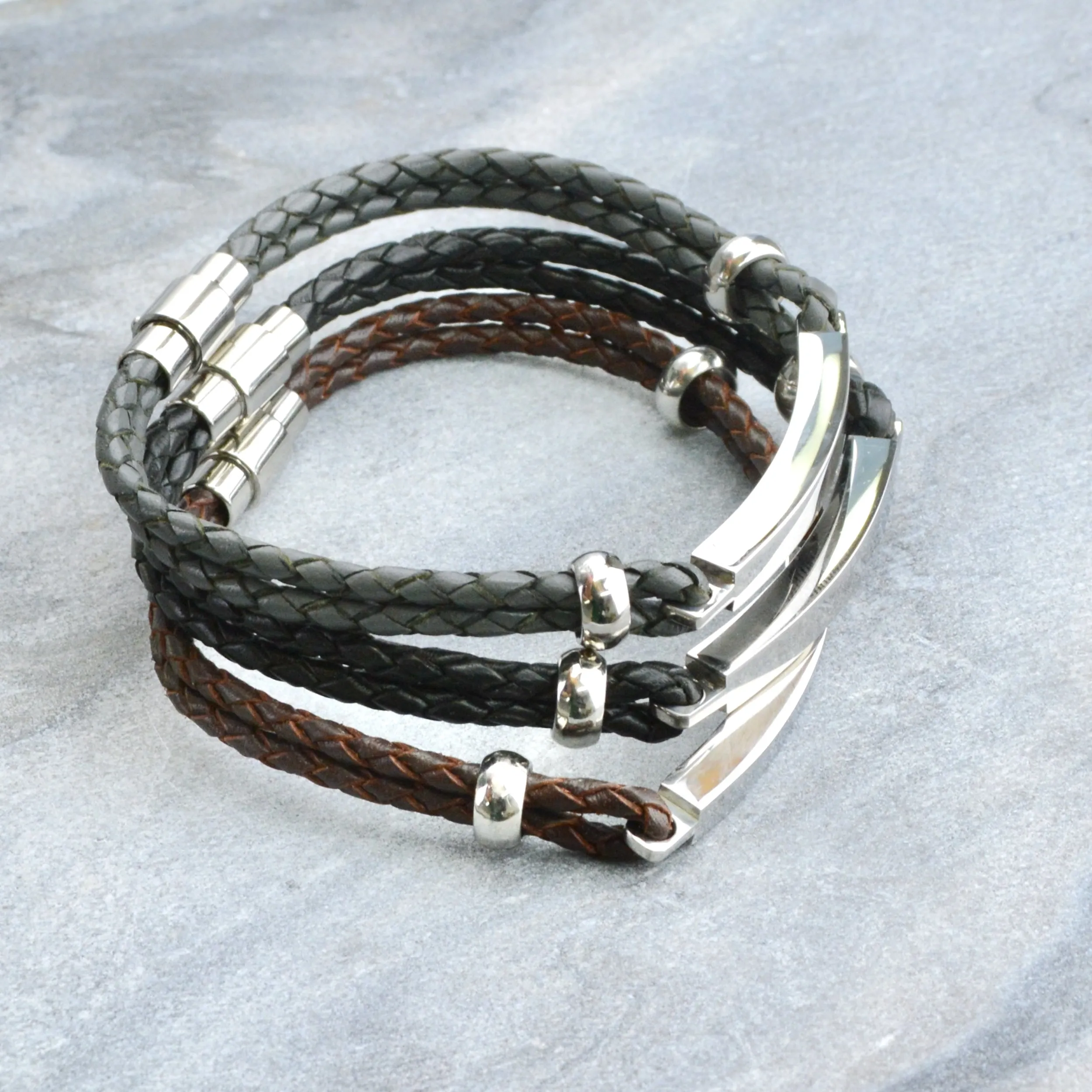 Personalised Men's Leather Slim Bar Bracelet.