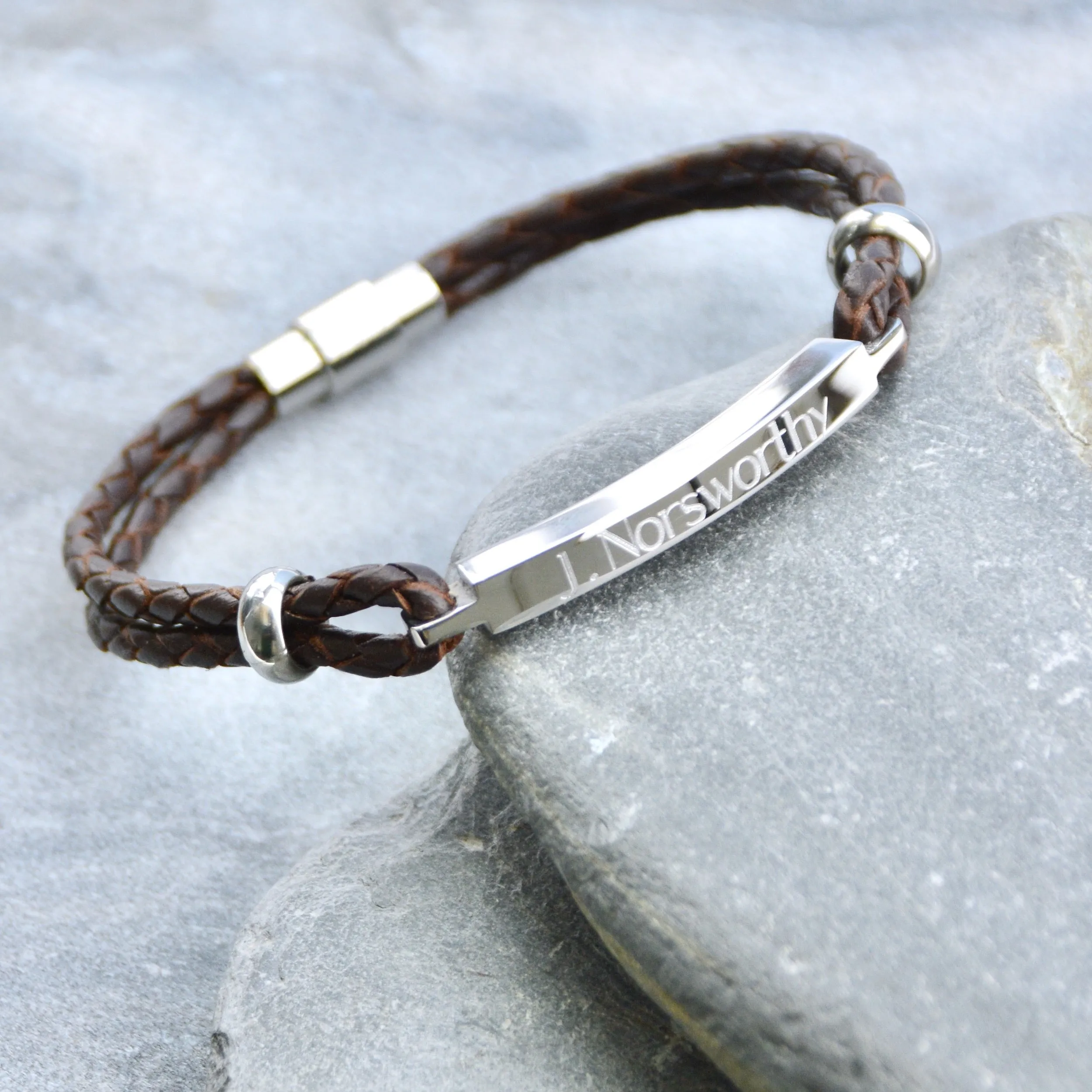 Personalised Men's Leather Slim Bar Bracelet.
