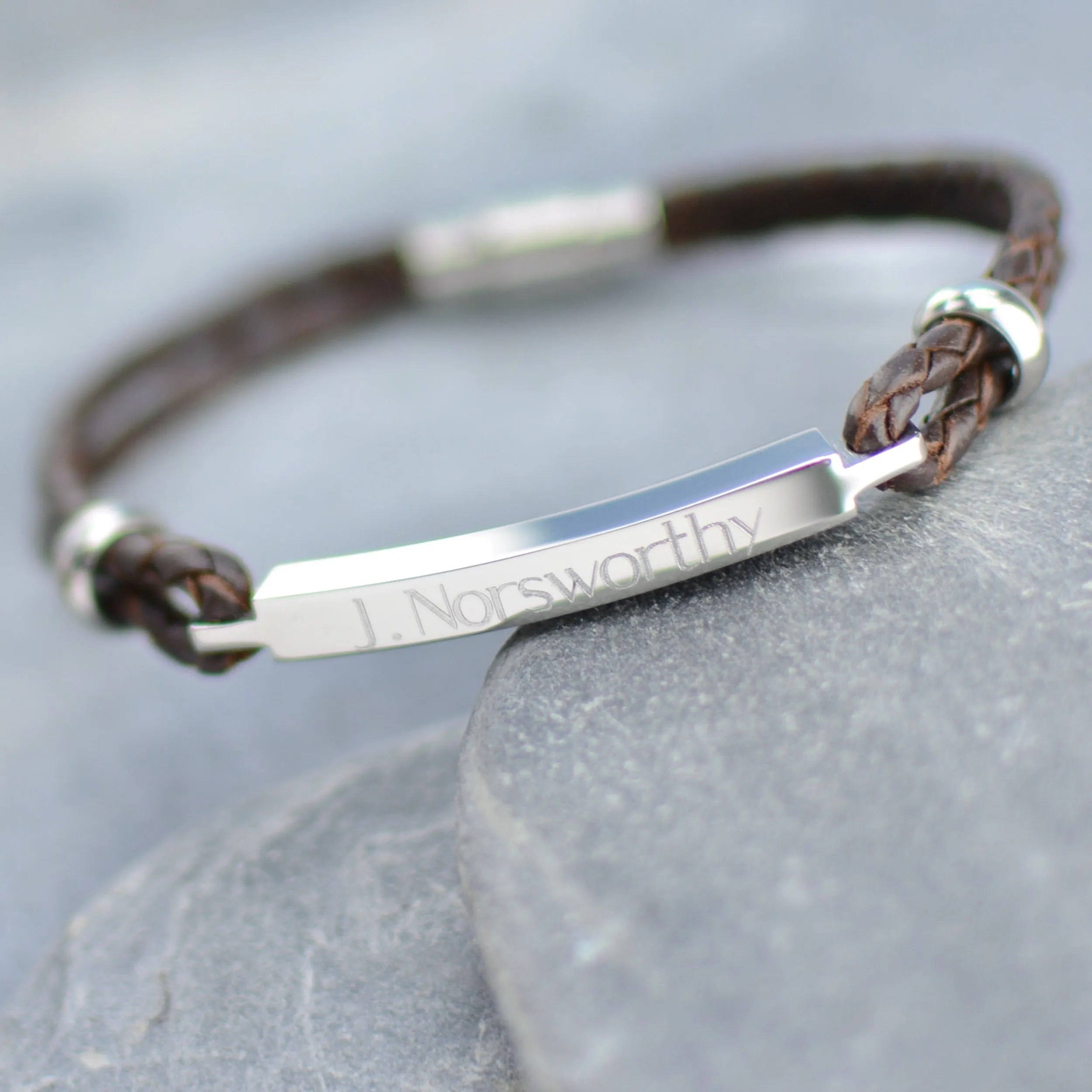 Personalised Men's Leather Slim Bar Bracelet.