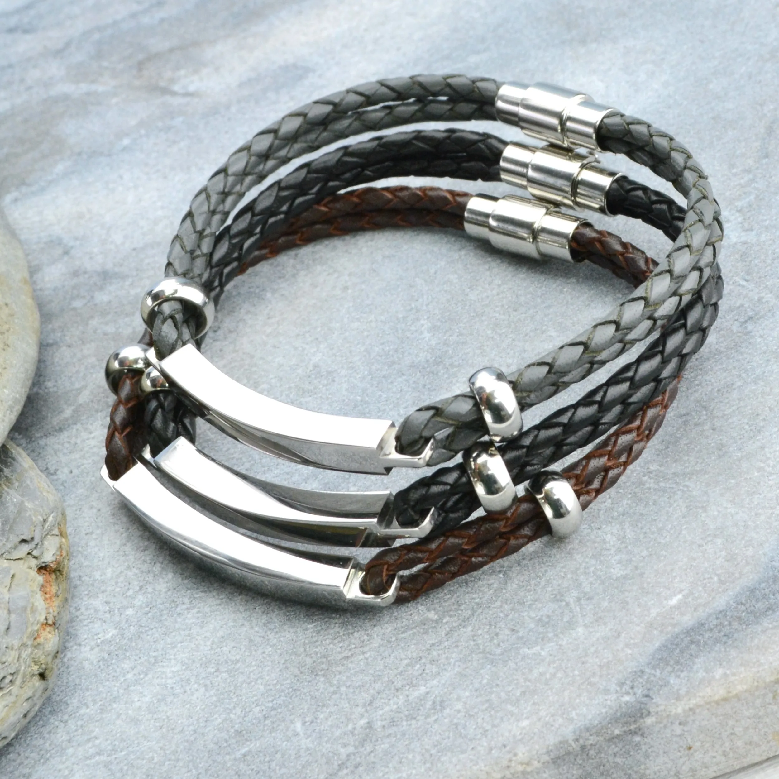 Personalised Men's Leather Slim Bar Bracelet.