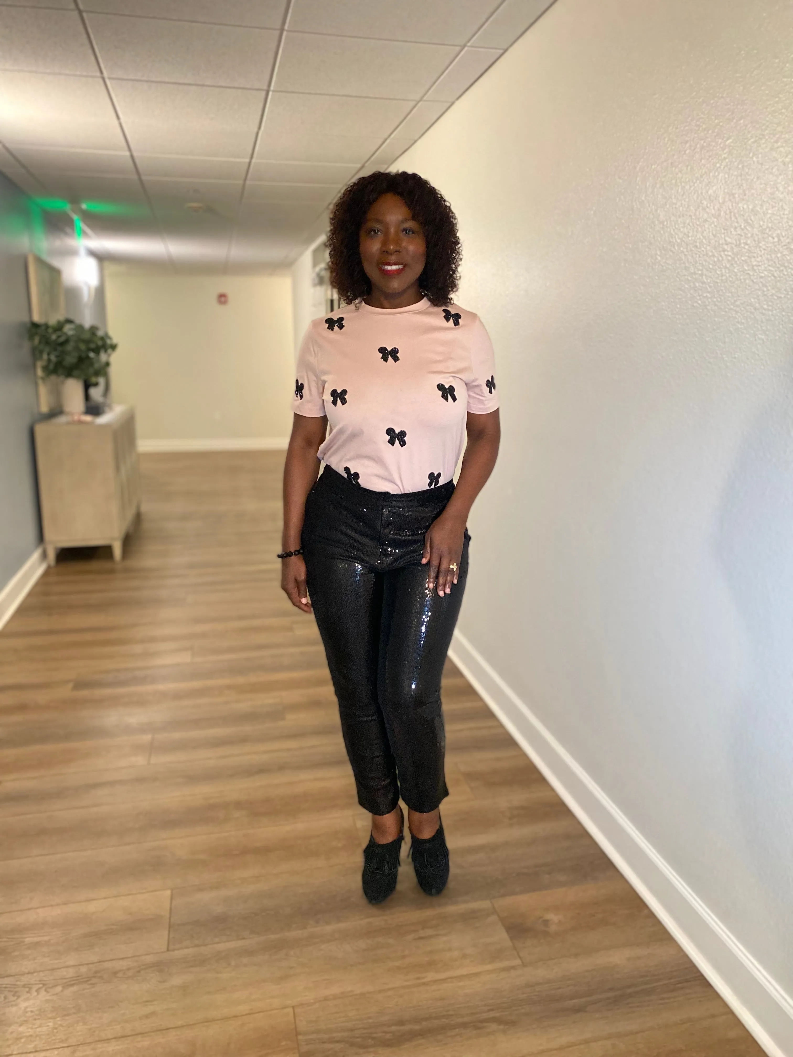 Pink Bow Embellished T-shirt