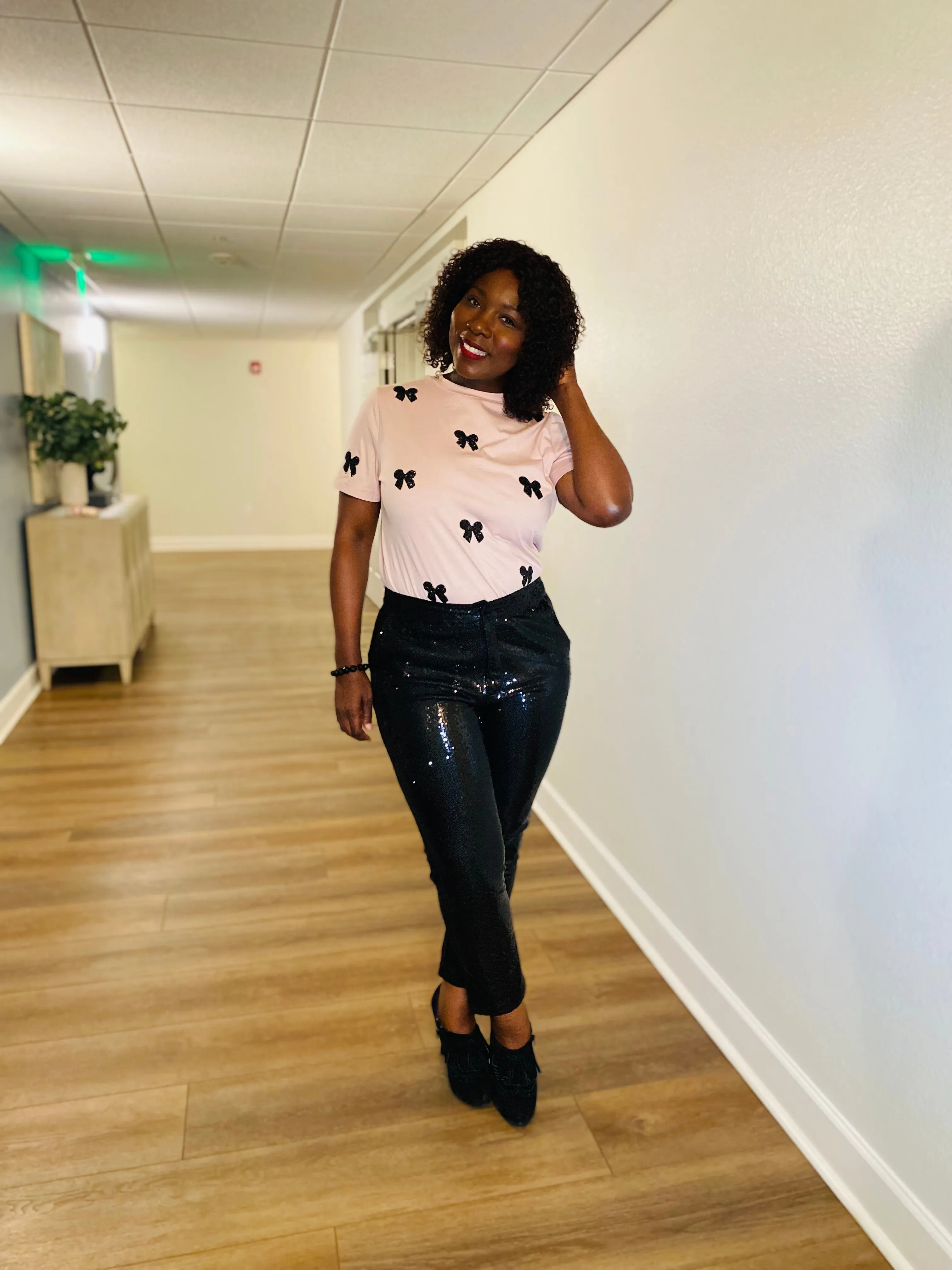 Pink Bow Embellished T-shirt