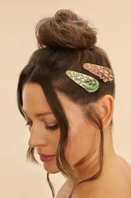 Powder Jewelled Hair Clips (Set of 2) - Asymmetric leaf and Feather, Sage & Lilac