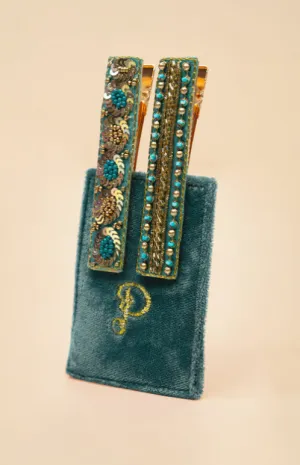 Powder Narrow Jewelled Hair Bar (Set of 2) - Teal Ovals & Beads