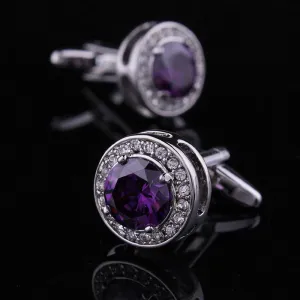 Purple Big Stone Mens Stainless Steel Round Cufflinks for Shirt with Box - Hand Crafted Perfect Gift