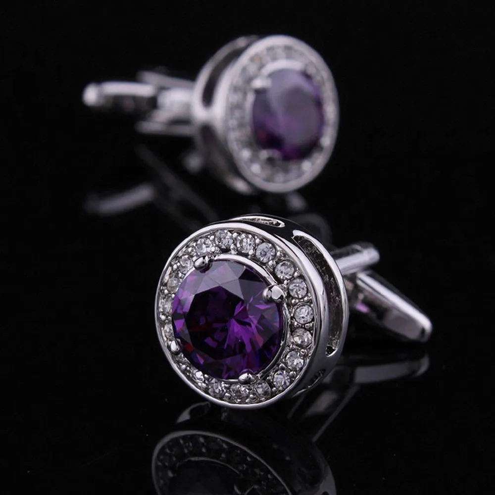 Purple Big Stone Mens Stainless Steel Round Cufflinks for Shirt with Box - Hand Crafted Perfect Gift