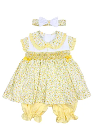 "Farrah" Lemon Floral Dress, Bloomers & Headband