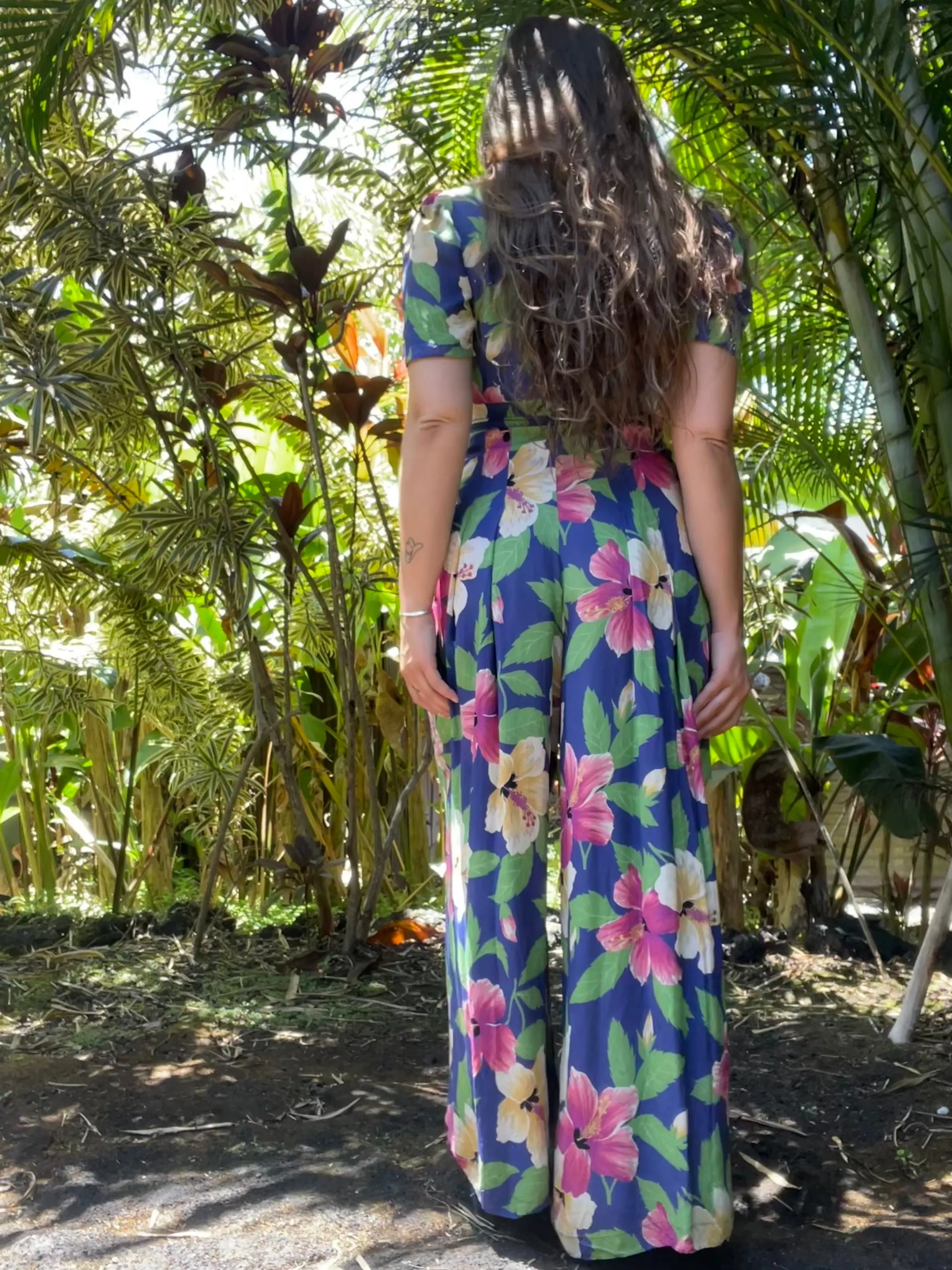 Rare 1940s Hawaiiana Rayon Palazzo Pant Tie Waist Jumpsuit