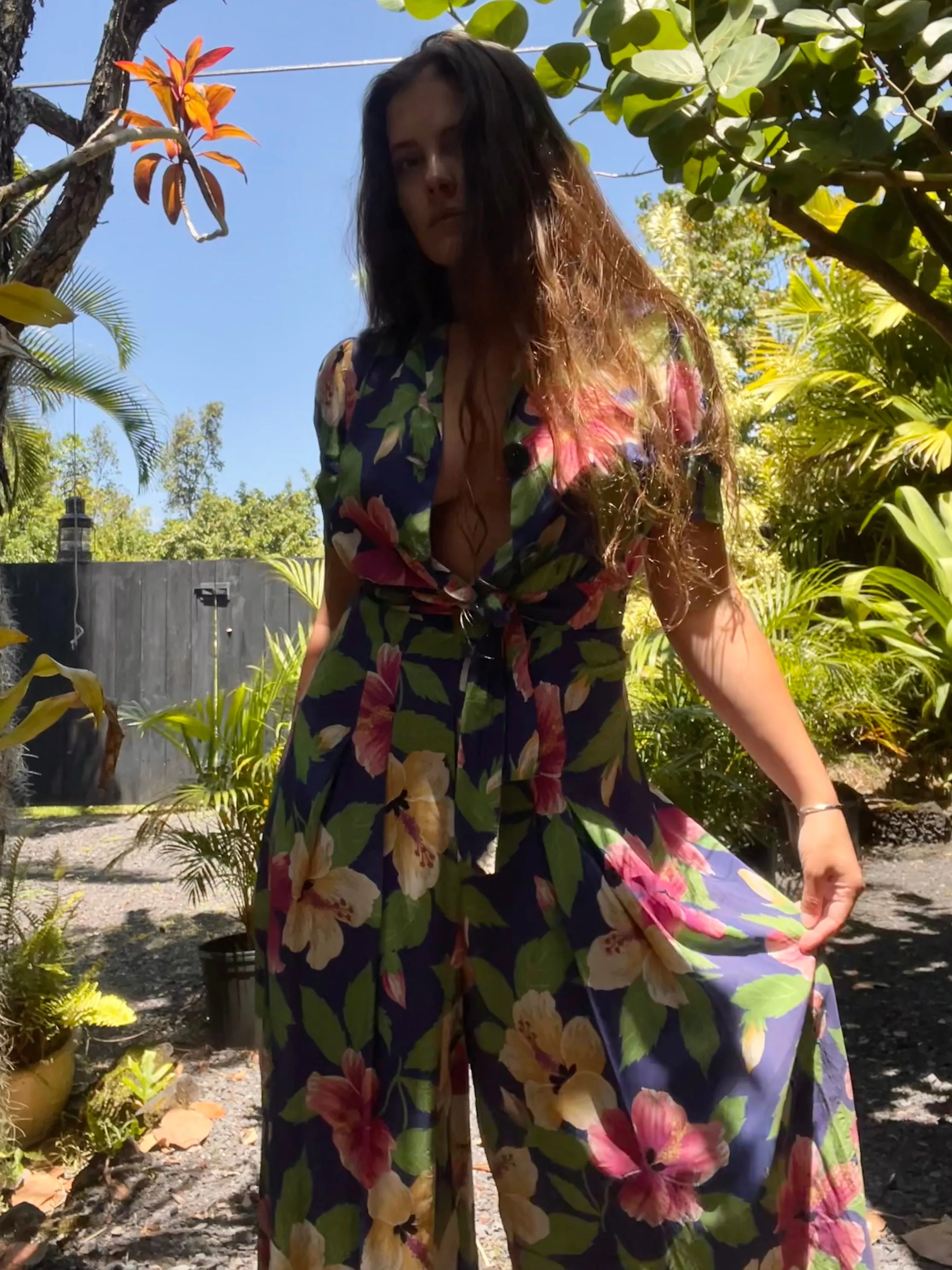 Rare 1940s Hawaiiana Rayon Palazzo Pant Tie Waist Jumpsuit