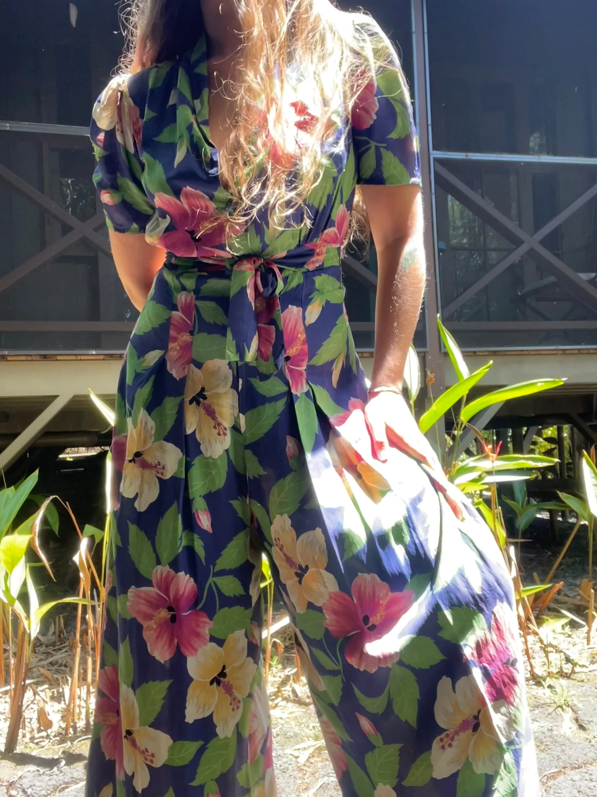 Rare 1940s Hawaiiana Rayon Palazzo Pant Tie Waist Jumpsuit
