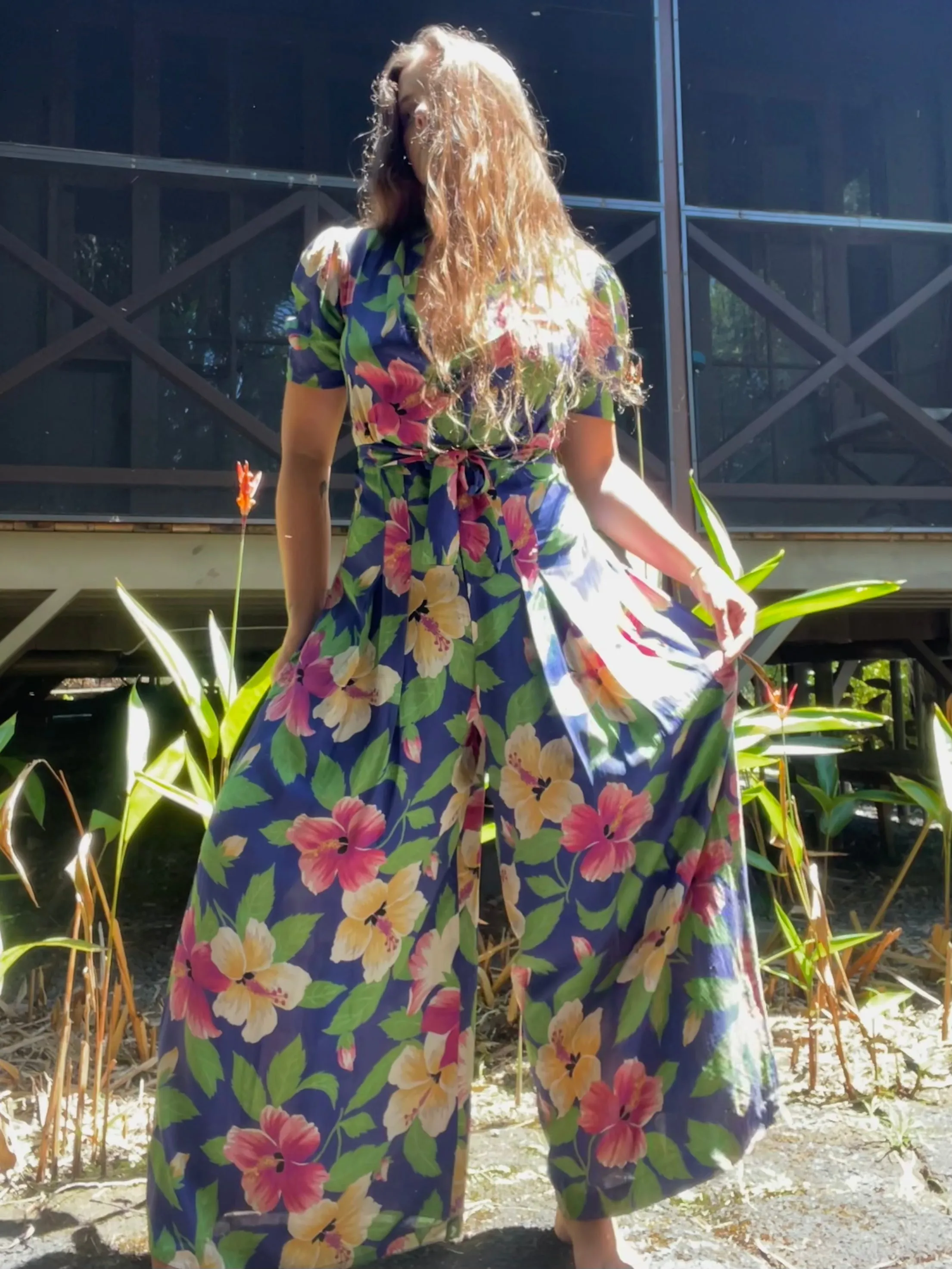 Rare 1940s Hawaiiana Rayon Palazzo Pant Tie Waist Jumpsuit