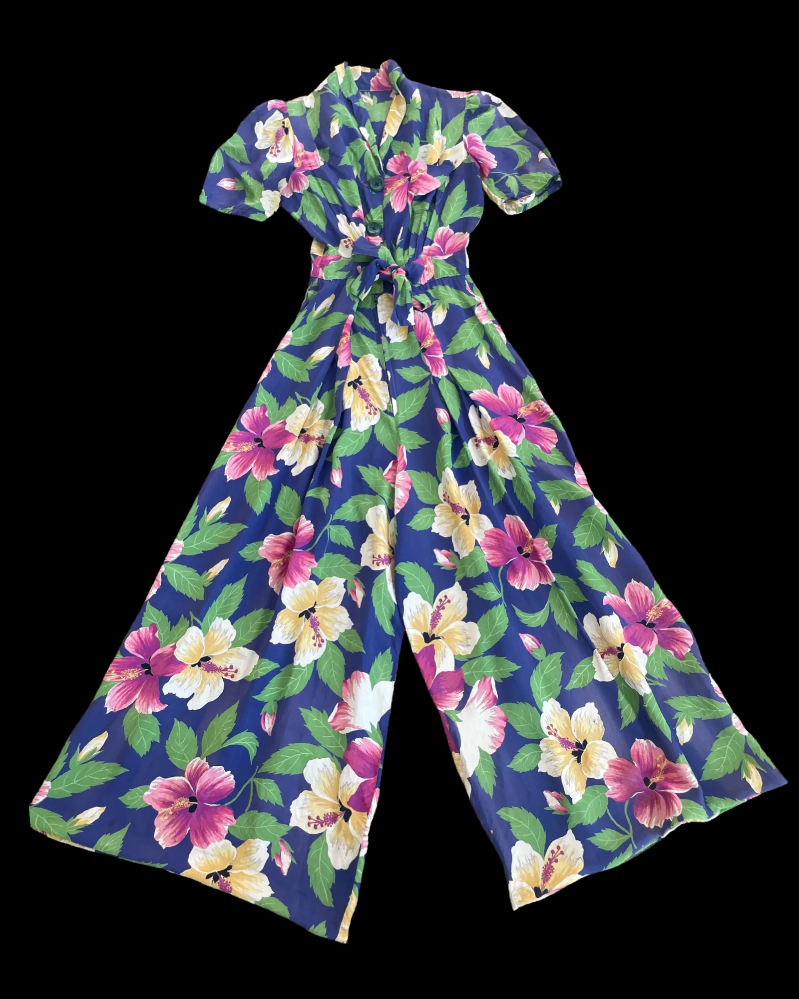 Rare 1940s Hawaiiana Rayon Palazzo Pant Tie Waist Jumpsuit