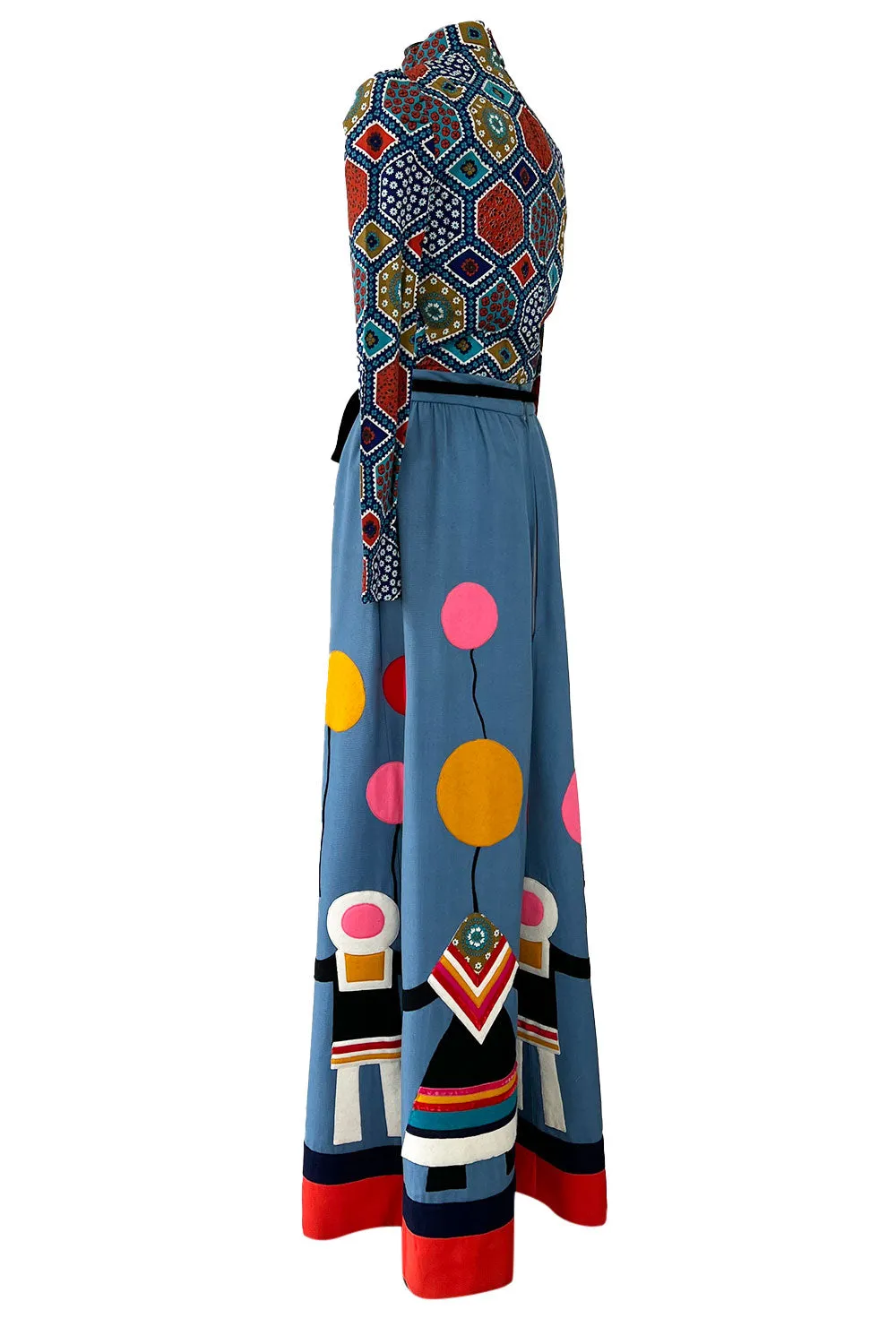 Rare Early 1970s Malcolm Starr by Youssef Rizkallah Felt Folk Art Dress w Quilted Top