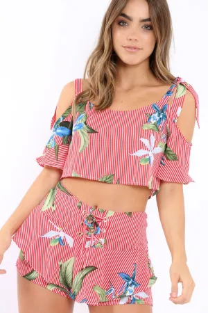 Red Striped Floral Cold Shoulder Top - Madalene
