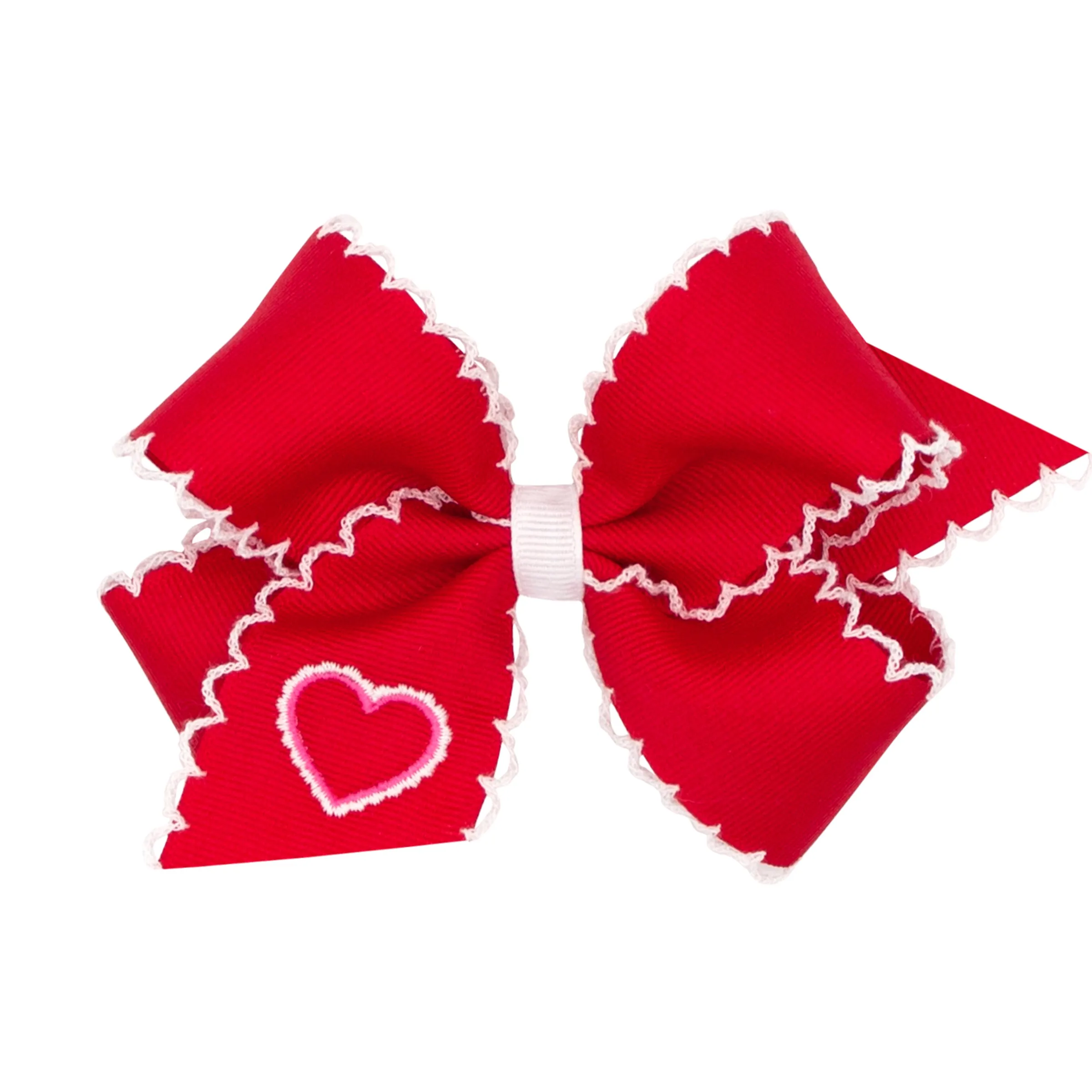 Red with Heart Embroidered Moon Stitch Hair Bow on Clippie