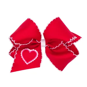 Red with Heart Embroidered Moon Stitch Hair Bow on Clippie