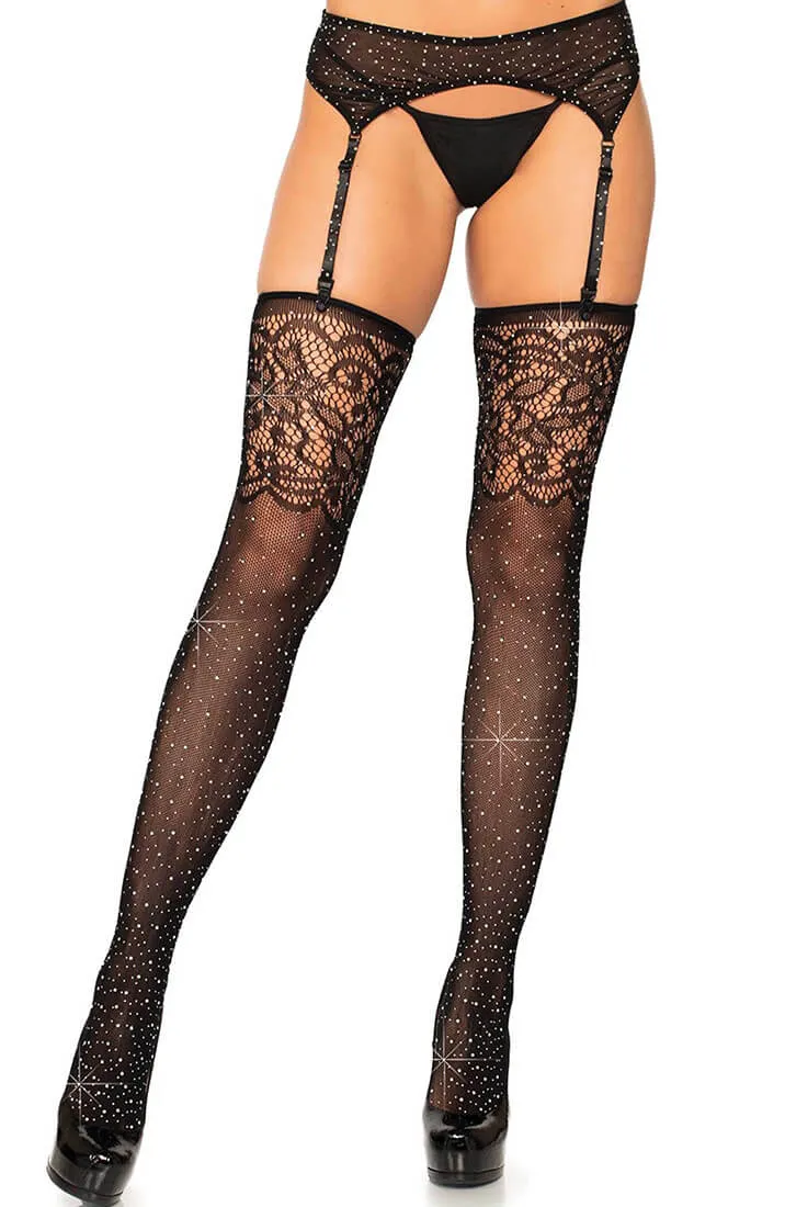 Rhinestone fishnet thigh high stockings