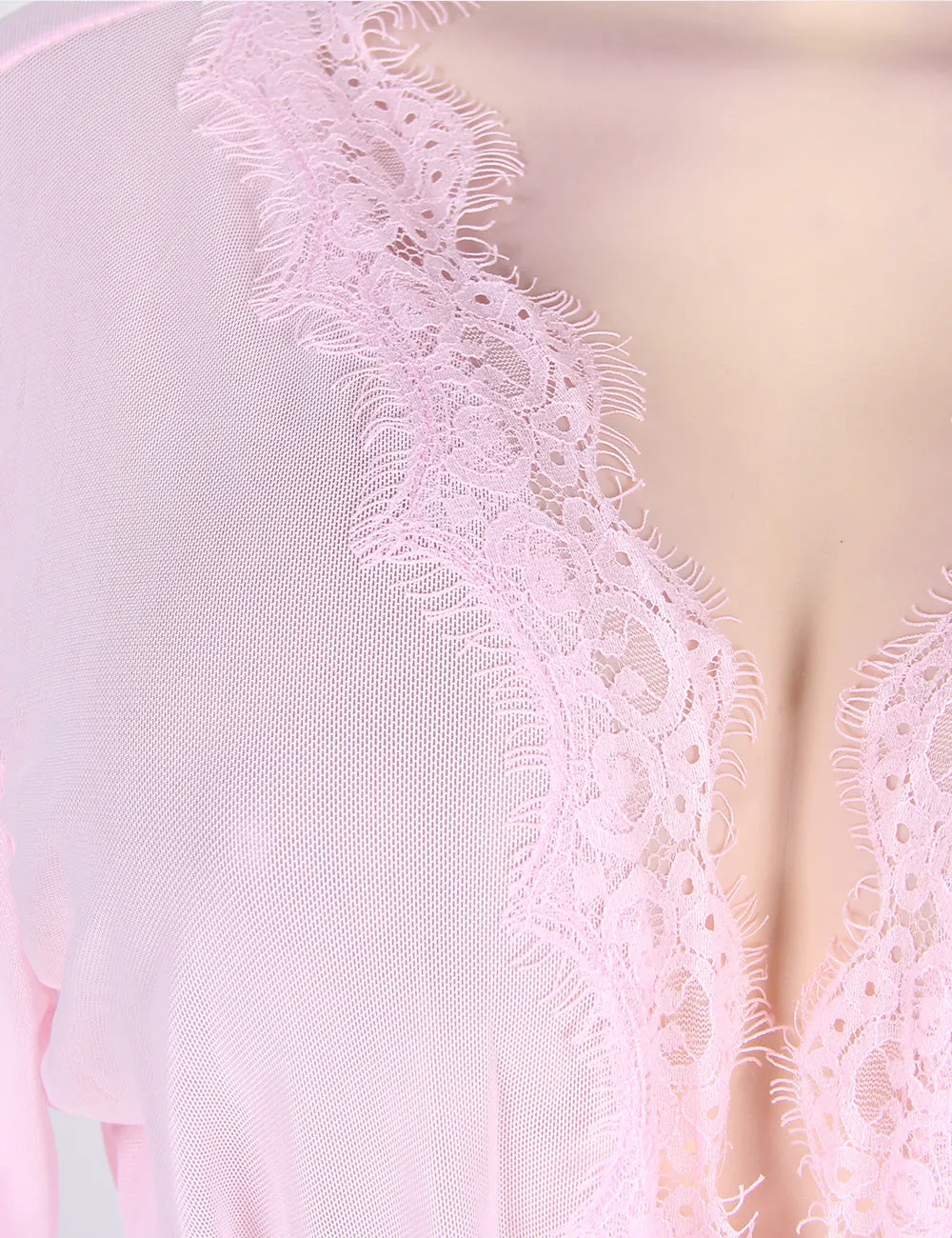 Sheer Lace Trim Purple & Red & Black & White & Pink Robe With Thong