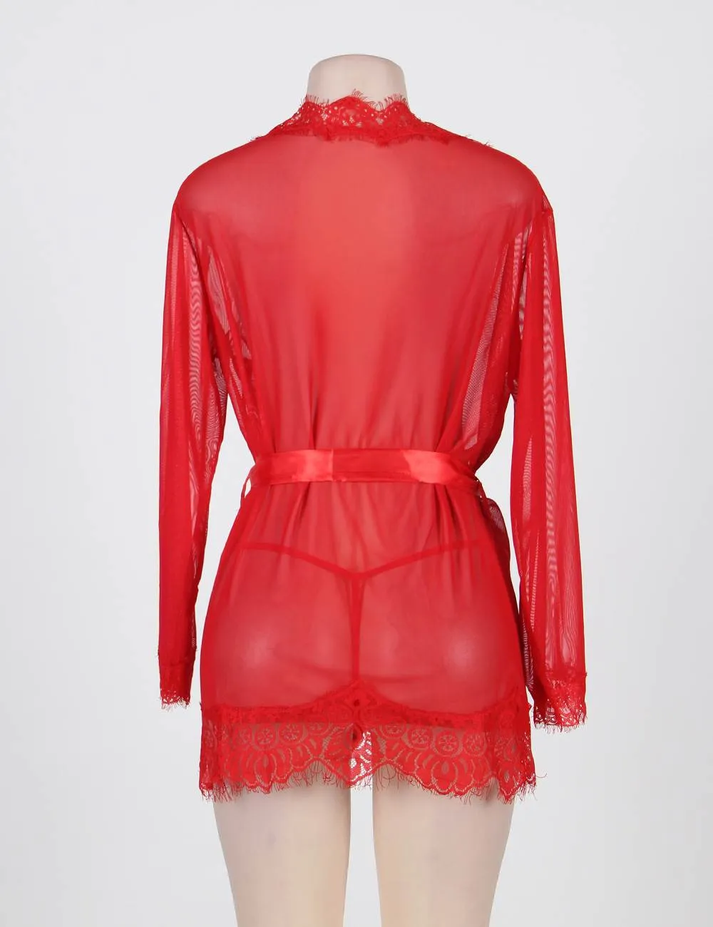 Sheer Lace Trim Purple & Red & Black & White & Pink Robe With Thong