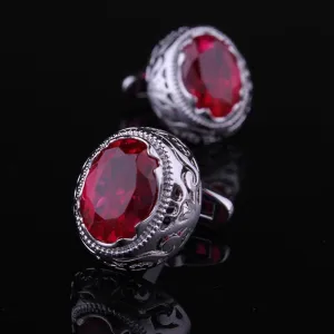 Silver & Red Stone Mens Stainless Steel Big Round Cufflinks for Shirt with Box - Hand Crafted