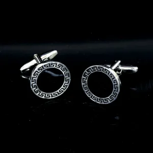 Silver   Black Mens Stainless Steel Steel Round Greek Cufflinks for Shirt with Box - Hand Crafted Perfect Gift