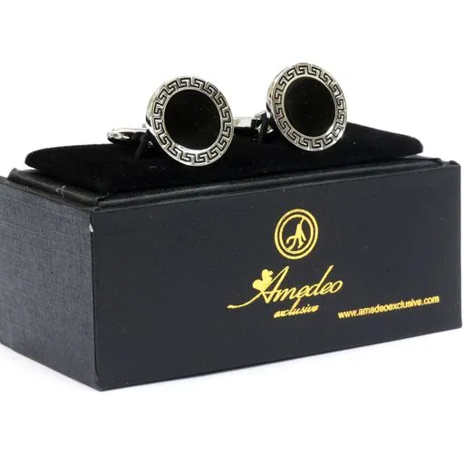 Silver   Black Mens Stainless Steel Steel Round Greek Cufflinks for Shirt with Box - Hand Crafted Perfect Gift