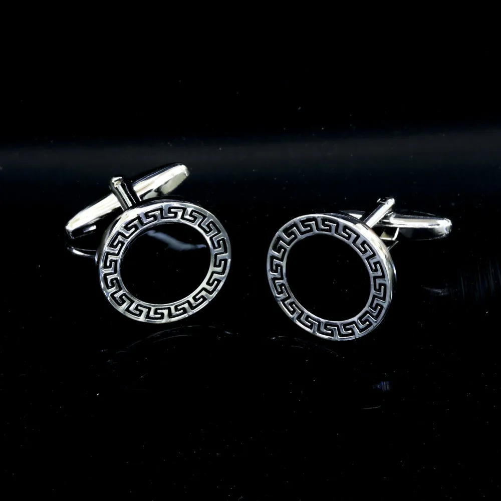 Silver   Black Mens Stainless Steel Steel Round Greek Cufflinks for Shirt with Box - Hand Crafted Perfect Gift