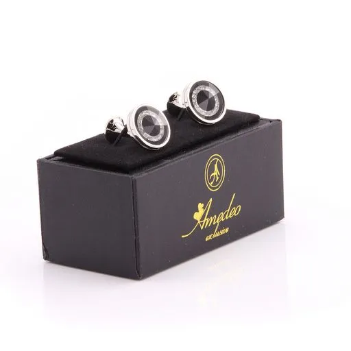 Silver Black with Zirconia Mens Stainless Steel Round Cufflinks For Shirt With Box - Hand Crafted Perfect