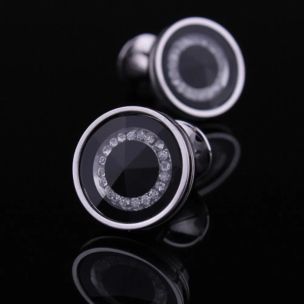 Silver Black with Zirconia Mens Stainless Steel Round Cufflinks For Shirt With Box - Hand Crafted Perfect