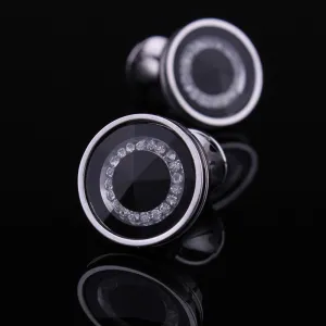 Silver Black with Zirconia Mens Stainless Steel Round Cufflinks For Shirt With Box - Hand Crafted Perfect