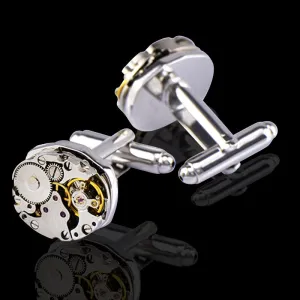Silver Mens Stainless Steel Functioning Movement Cufflinks for Shirt with Box - Hand Crafted Perfect Gift