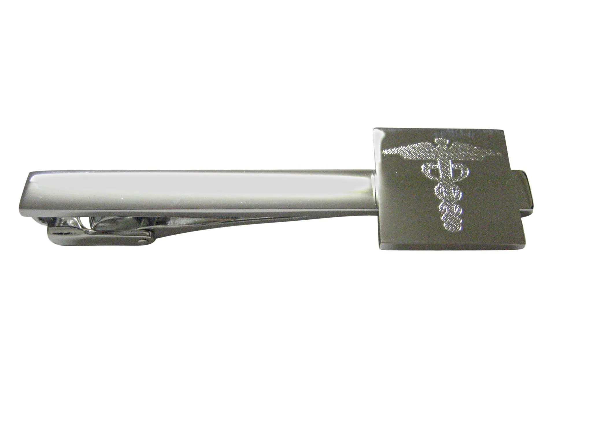 Silver Toned Etched Caduceus Medical Symbol Square Tie Clip