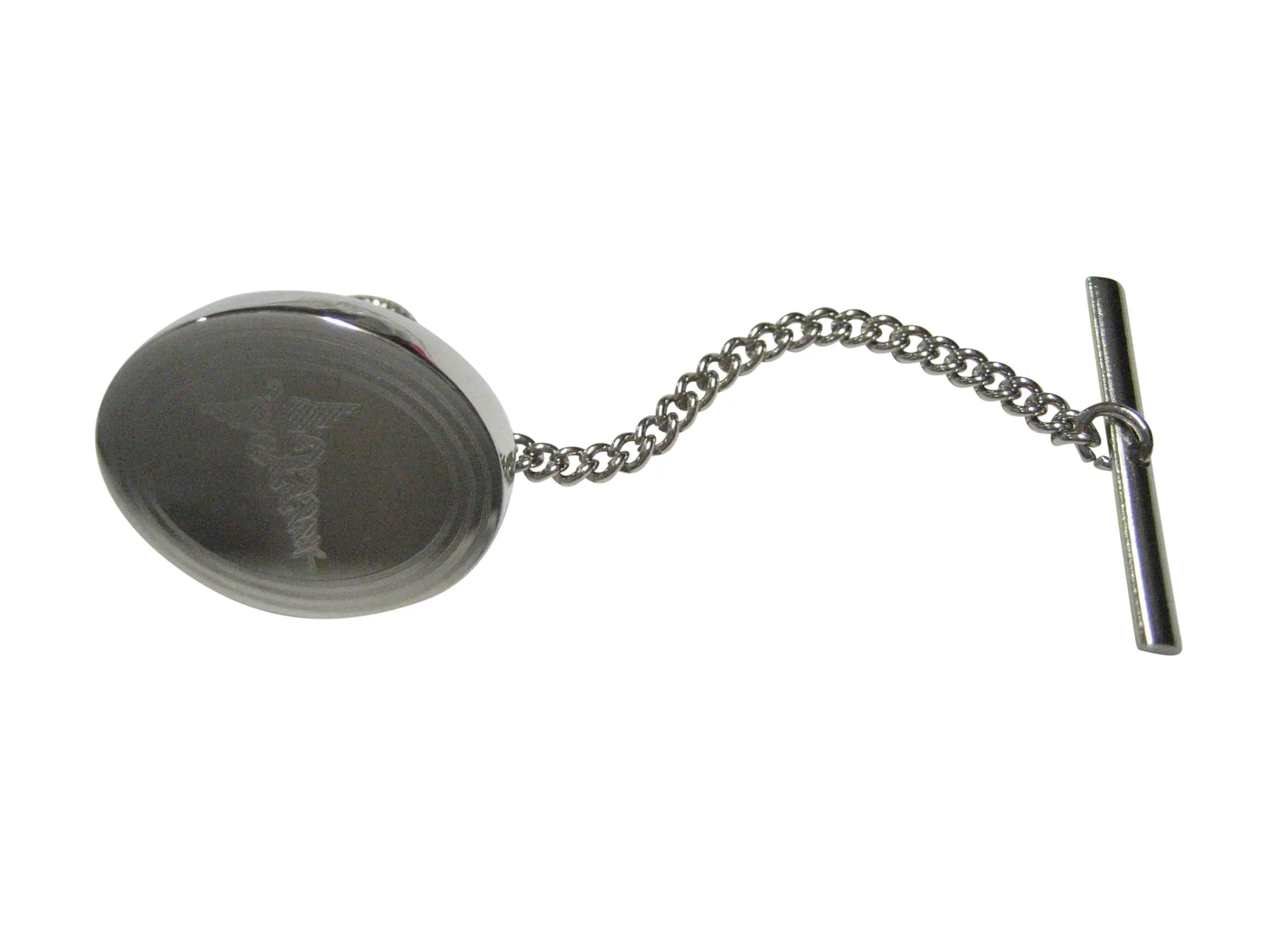 Silver Toned Etched Oval Medical Caduceus Symbol Tie Tack