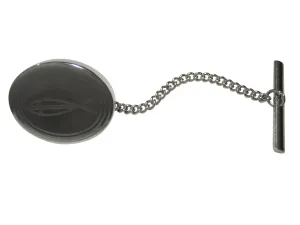 Silver Toned Etched Oval Religious Ichthys Fish with Cross Tie Tack