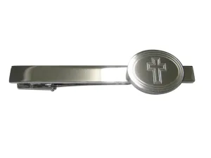 Silver Toned Etched Oval Triple Religious Cross Tie Clip
