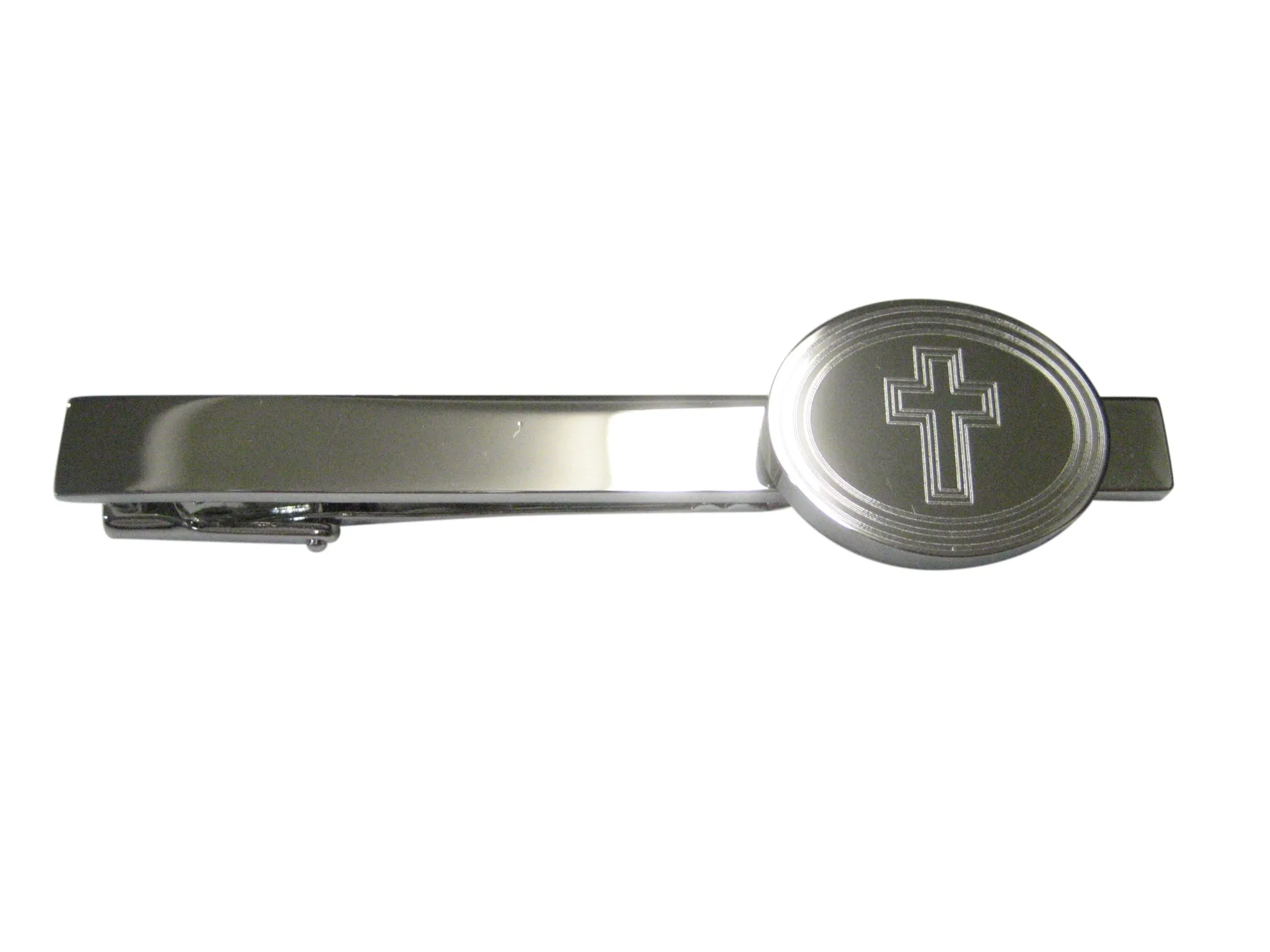 Silver Toned Etched Oval Triple Religious Cross Tie Clip