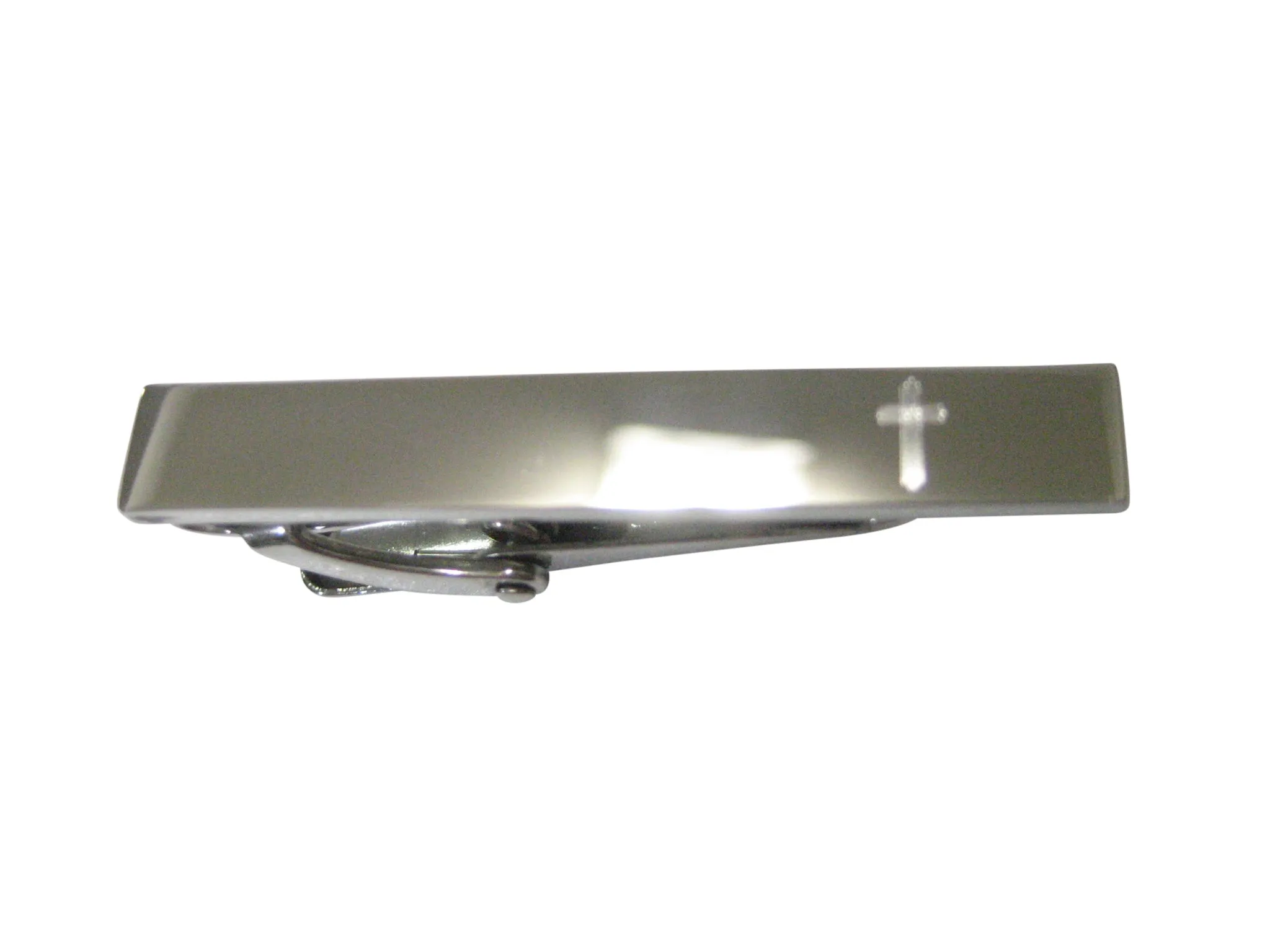 Silver Toned Etched Sleek Lined Religious Cross Skinny Tie Clip