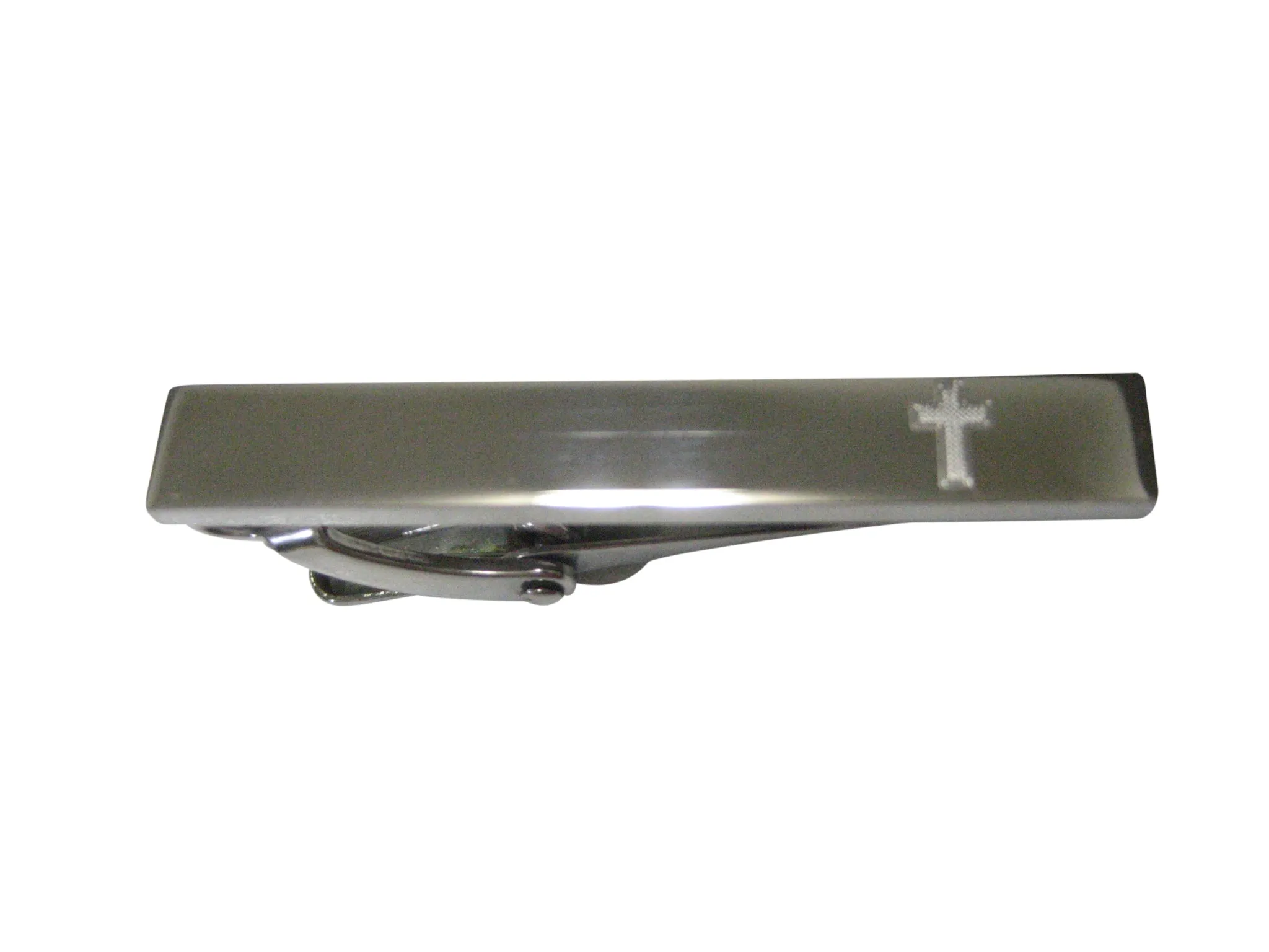 Silver Toned Etched Sleek Religious Cross Skinny Tie Clip